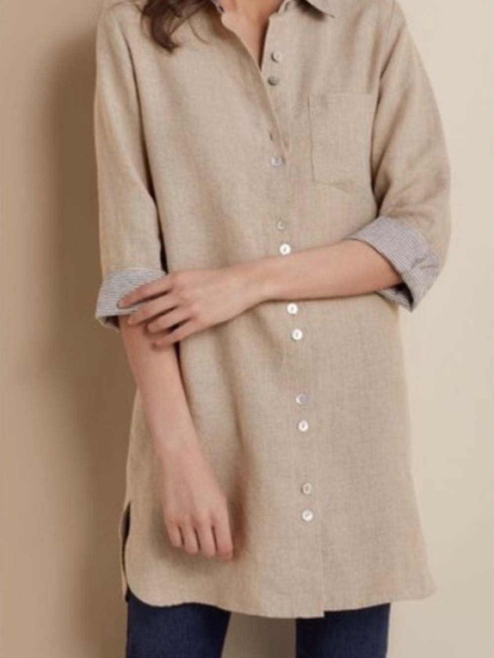 Soft Surroundings 100% Linen Plaid Collar Button Front Long Top Tunic M